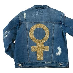 Wax Jean Denim Jacket Sz Medium Distressed Venus Symbol Female Power Bling